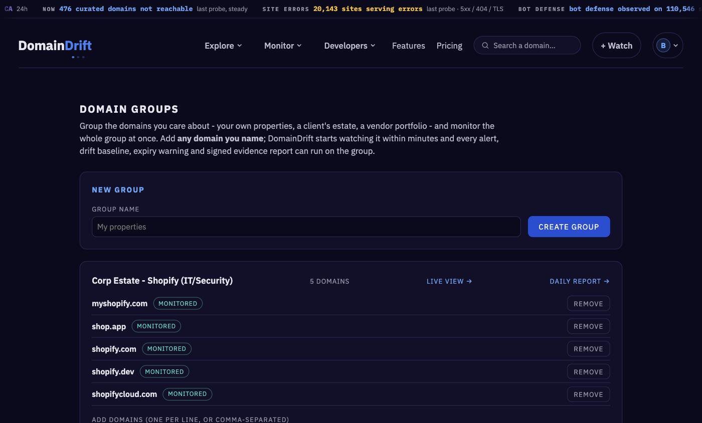 A corporate estate under watch: each domain monitored, with a live view and a daily report a click away.